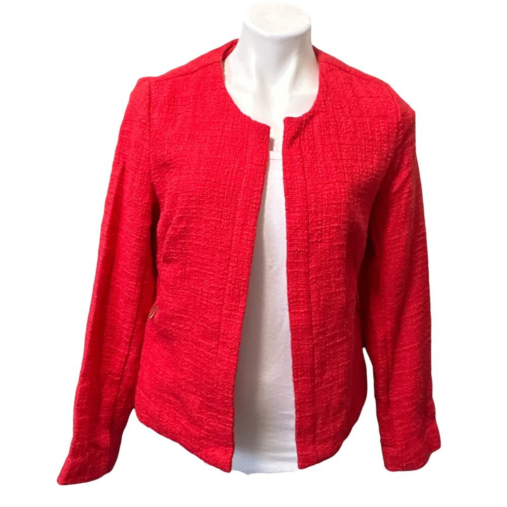 Alfani True Love Boucle Tweed Jacket Coral Zip Pocket Collarless Women Size 8